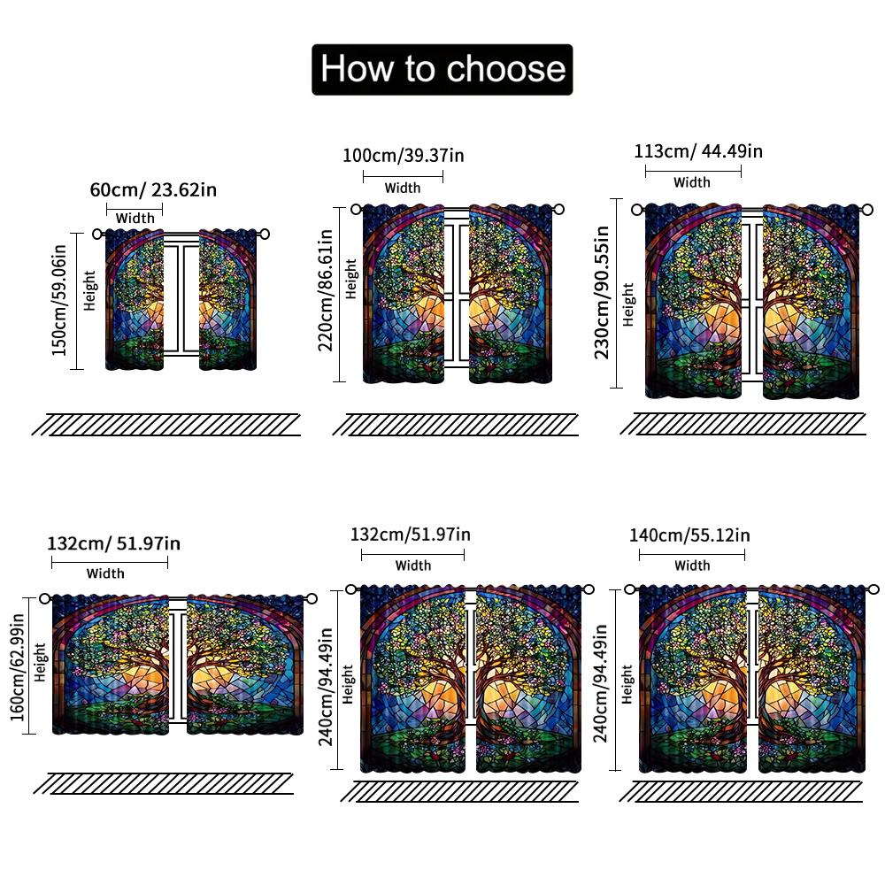 Set Of 2 Spring Summer Curtains Stained Glass Tree Life Yarn Polyester Room Decor Kitchen Study Made Cooking Area Window Treatment