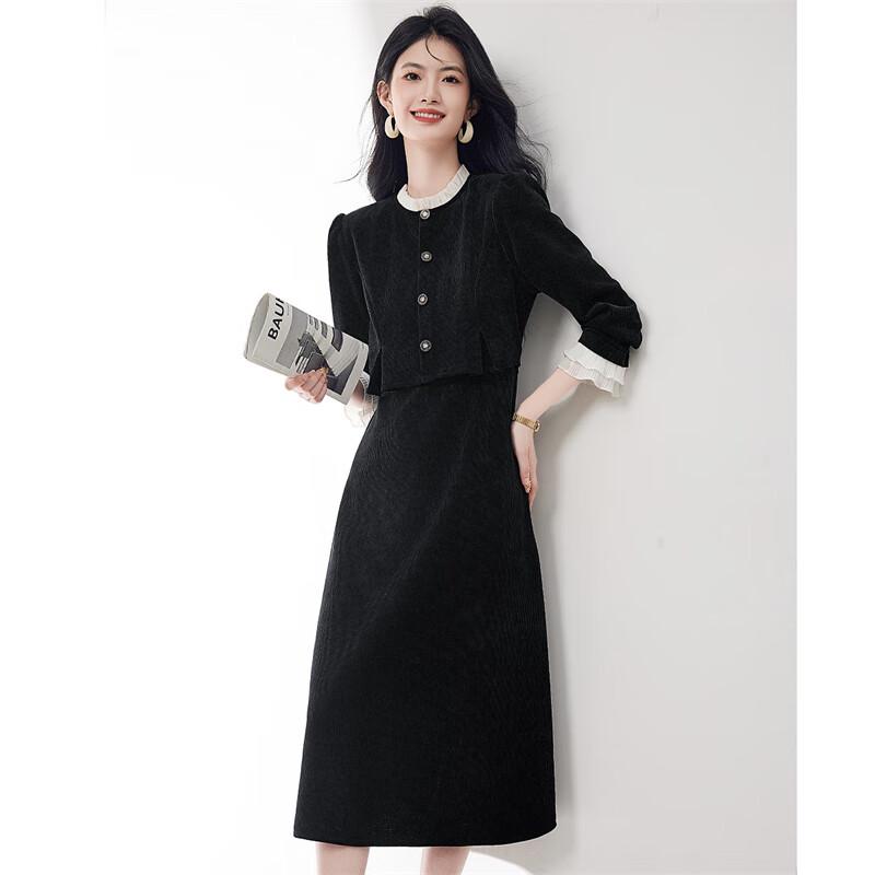 Petite Corduroy Fake Two-Piece Long-Sleeve Dress