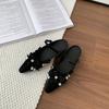 Fashion Inner Heightened Baotou Half Slippers Women Summer Outer Wear Pointed Toe Shallow Slip Rhinestone Bow Mary Jane Single Shoes