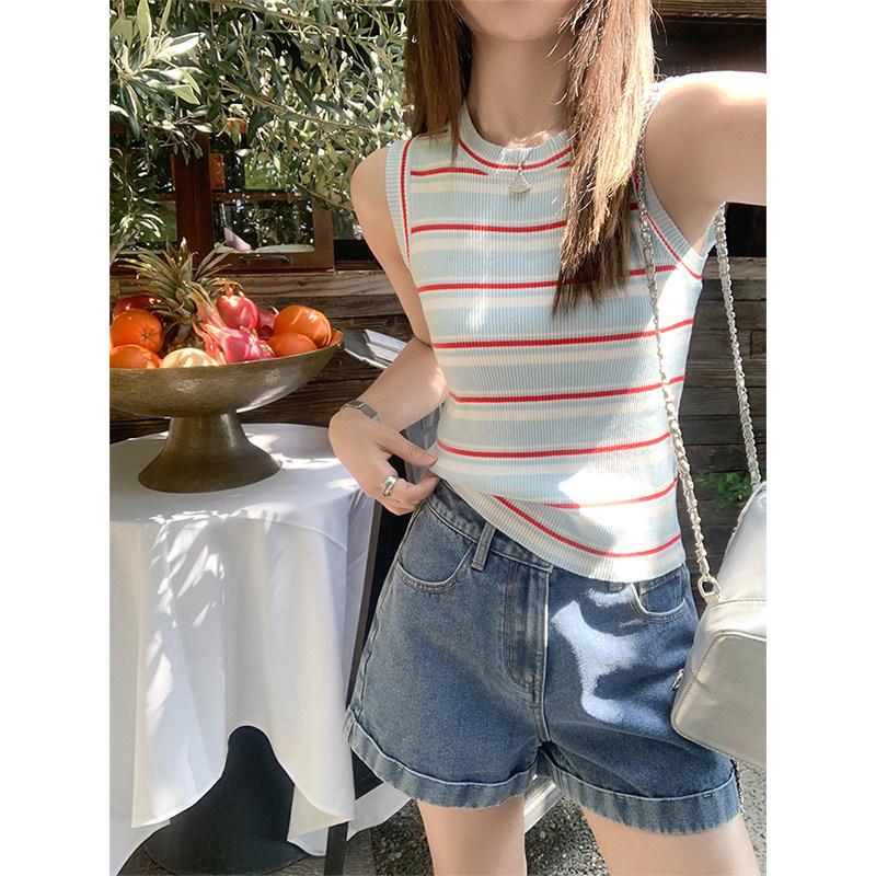 Zeng Xiao Women s Korean Retro Striped Knit Vest - 2025 Summer Sleeveless Top Medium