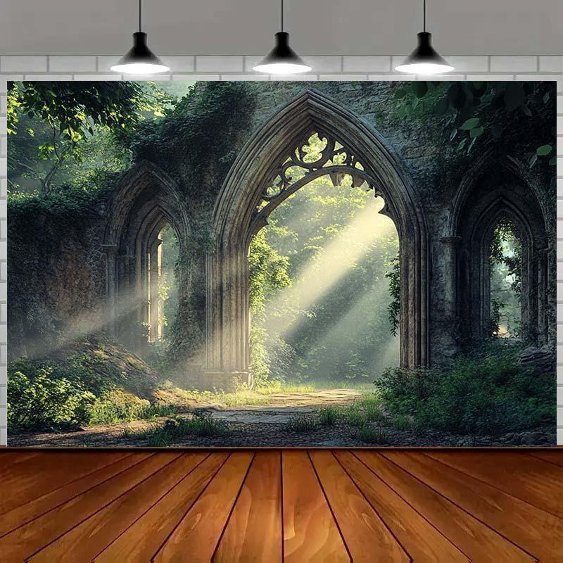 1 Magic Forest Ruins Gothic Arch Stone Carving Theme Background Banner Multiple Sizes To Choose from
