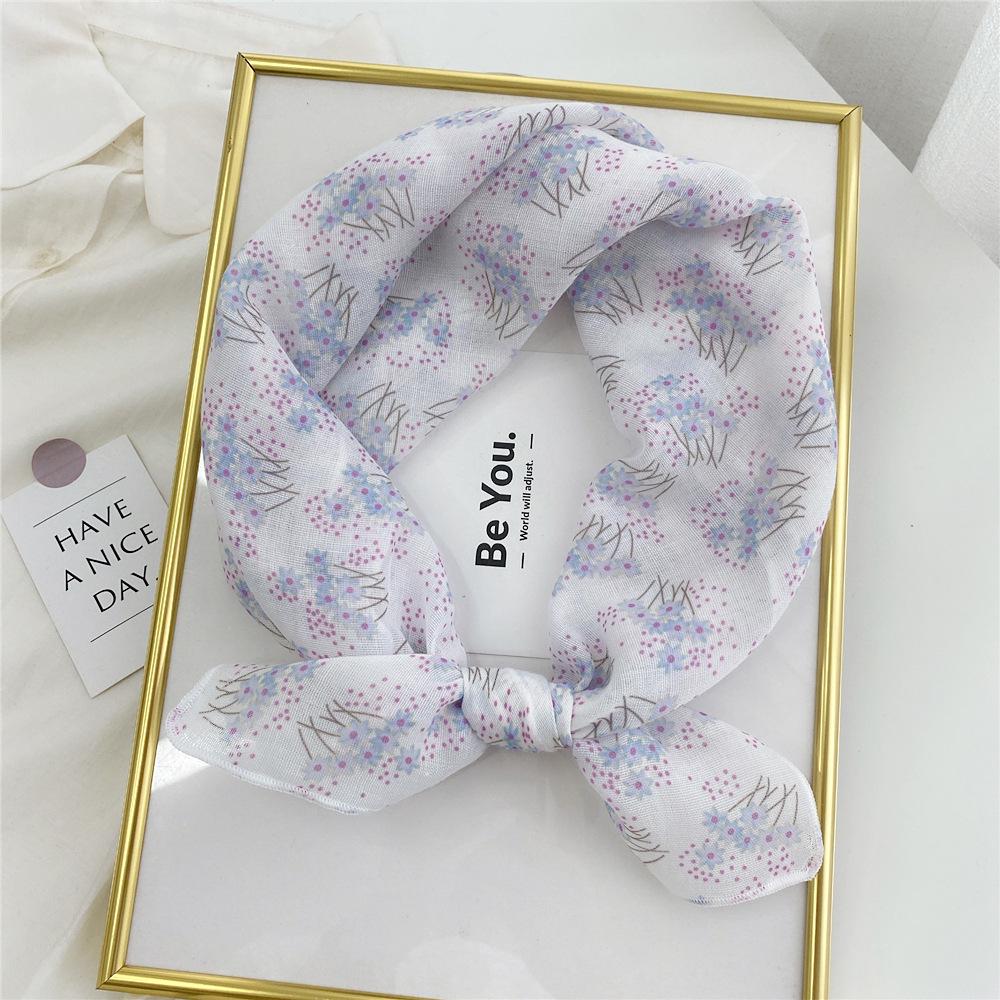 Floral Cotton Linen Silk Scarf: Women's Square Headband for Spring, Summer, Autumn - Korean Fresh Style