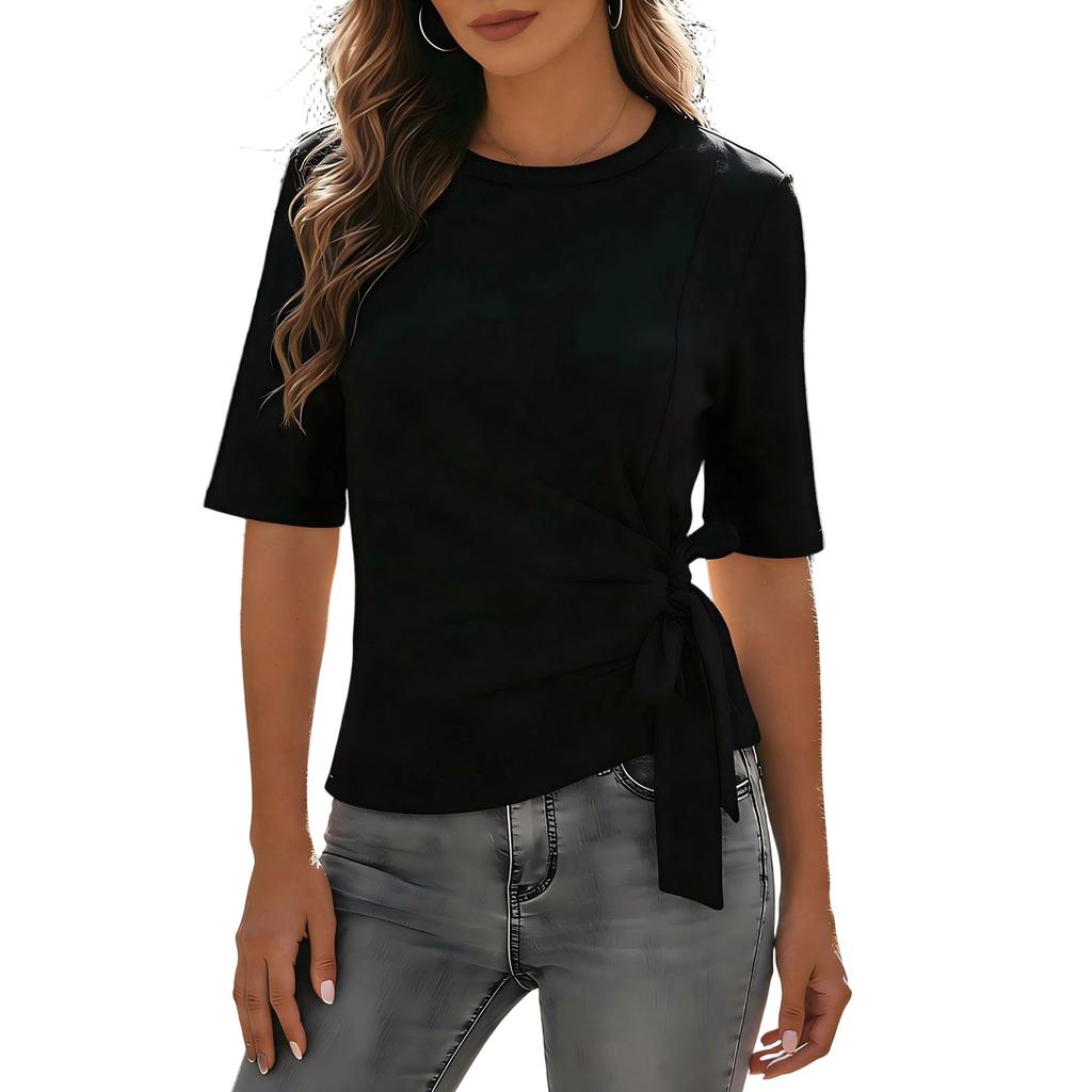Women's Short Sleeve Crew Neck T Shirt with Side Tie Waist Casual Fit Summer Top for Everyday Wear