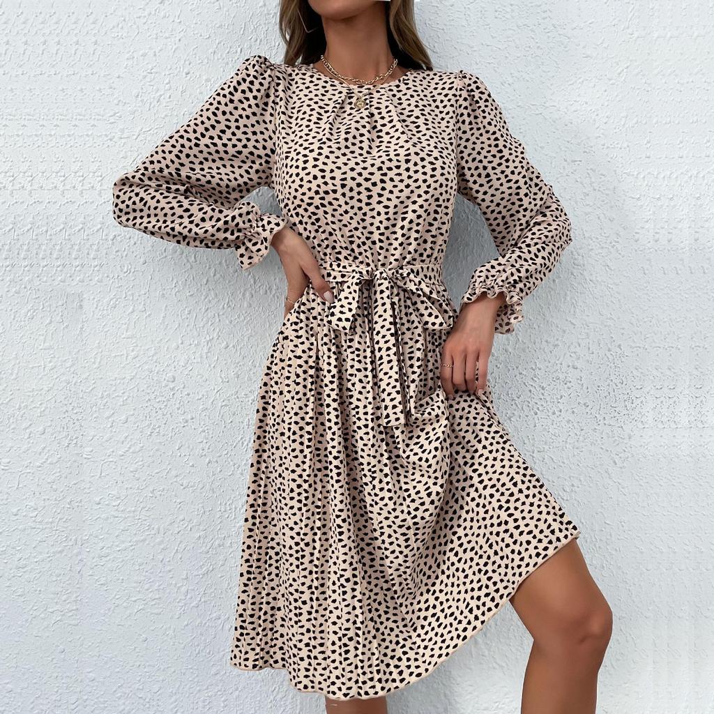 2024 Autumn Women's Long Sleeve Tie-up Leopard Print Dress