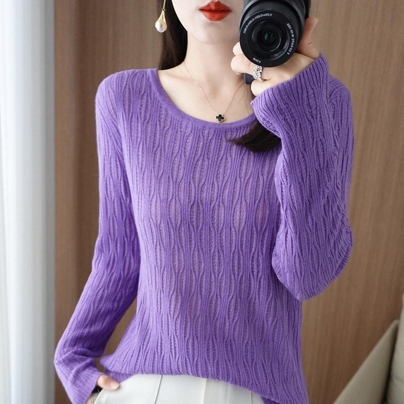 Women's High-Quality Round Neck Crochet Knit Pullover - Long Sleeve, Lightweight, Warm Wool Base Layer Top