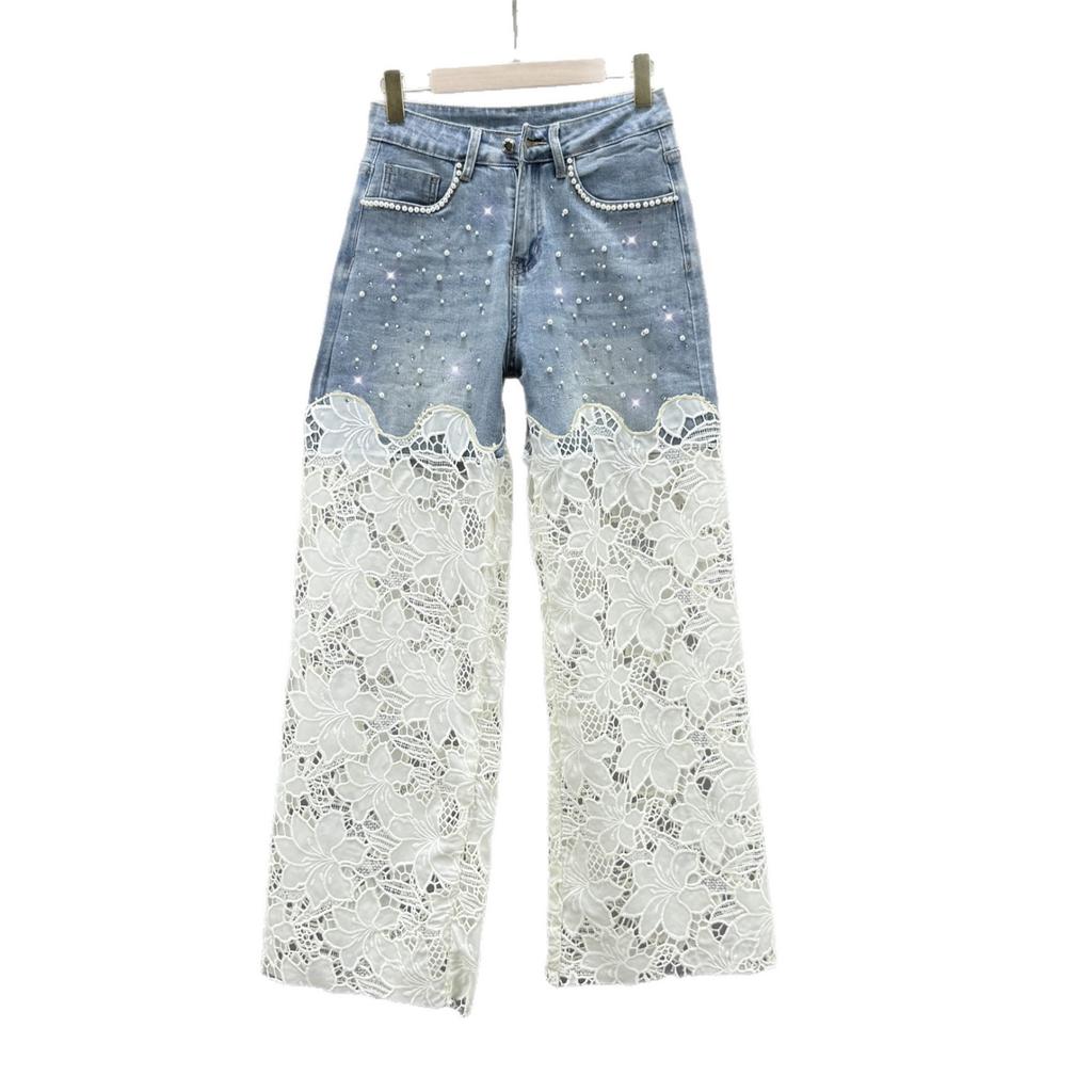 Beaded Diamond-embellished Denim Wide-leg Pants for Women, Summer New High-waisted Loose Lace Cutout Extended Pants Trendy