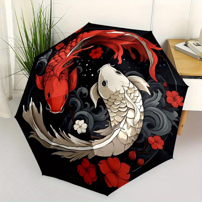 1 ud. Pez Koi Yin Yang Apertura/Cierre Automático, Paraguas Plegable Portátil para Todas las Estaciones para Mujeres y Hombres, Viajes, Uso Diario, Eventos Formales - Sombrilla Plegable Compacta de Lujo,