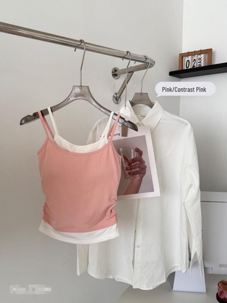 Korean-Style Girlish Camisole Vest with Pleated Inner Layer and Chest Pads