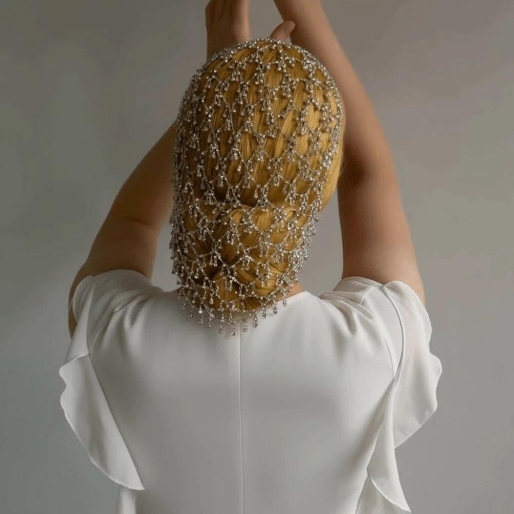 Net Shape Hair Hoop Head Chain Bride Tiaras Pearl Princess Hair Band Cap Head Chain  Girls