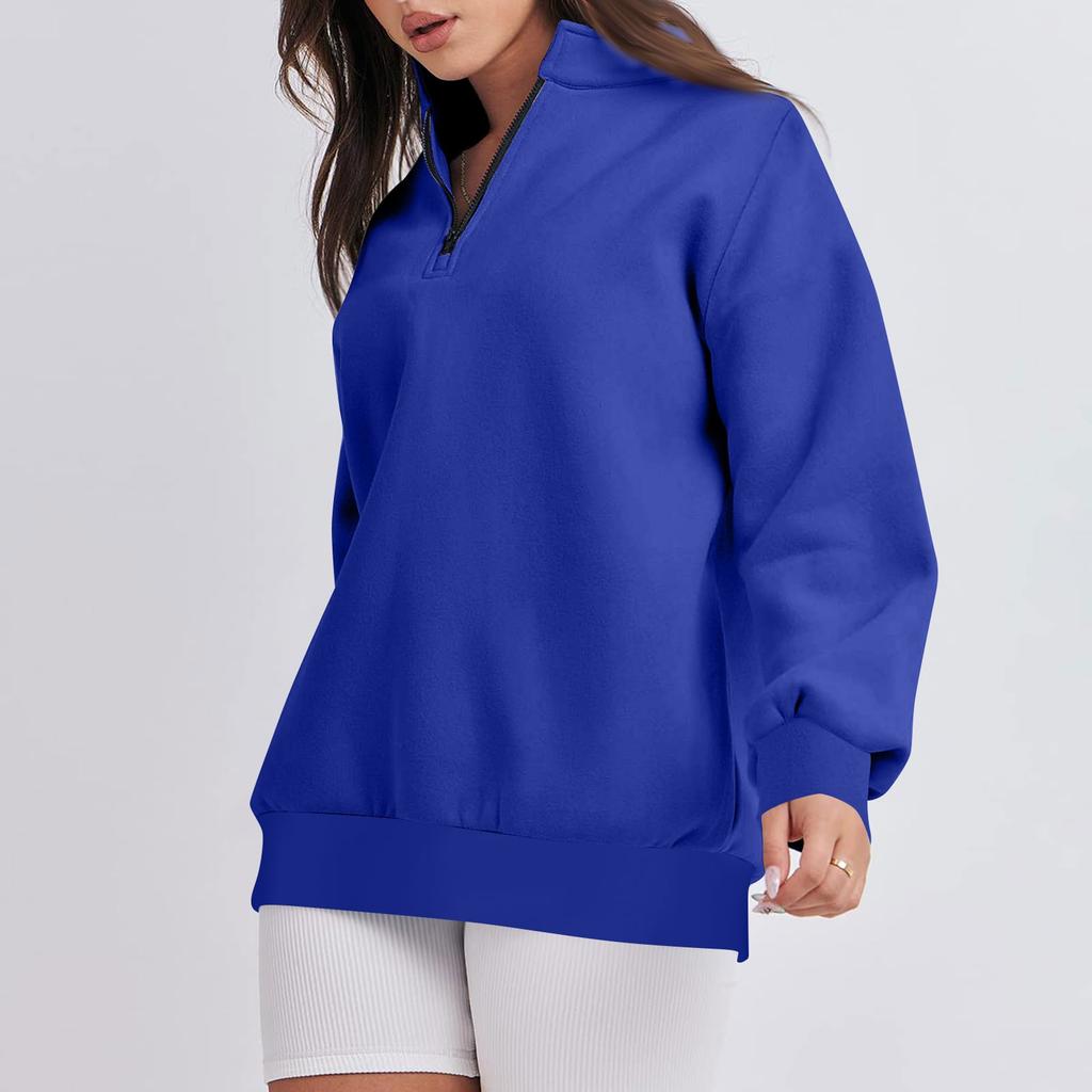 Women's Casual Fashion Long Sleeve Solid Color Zip Sweatshirt Top