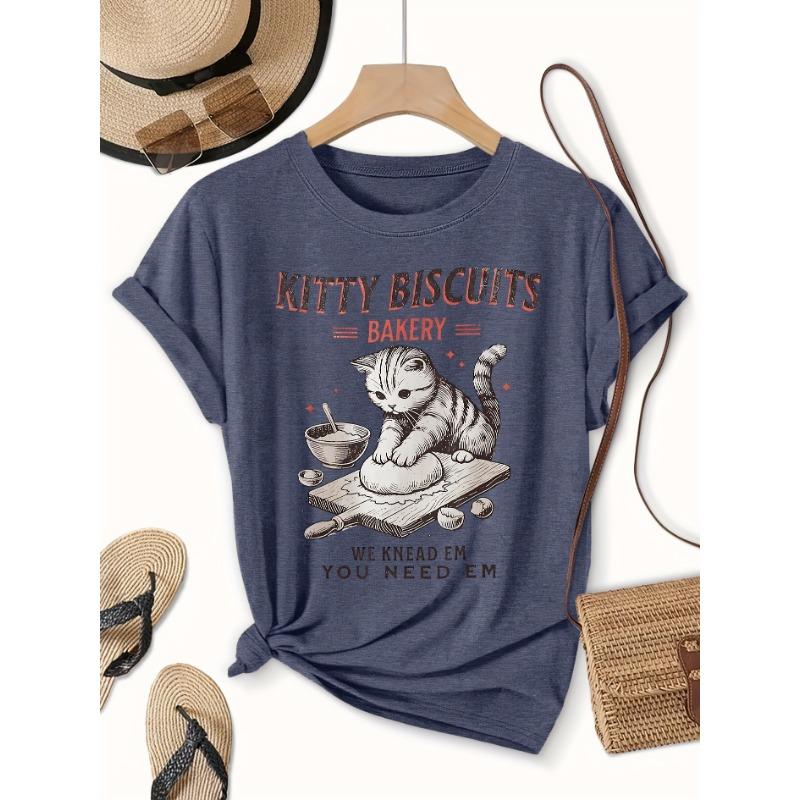 Women's Elegant Short Sleeve Cat Baking Theme Printed Round Neck Women's T-Shirt