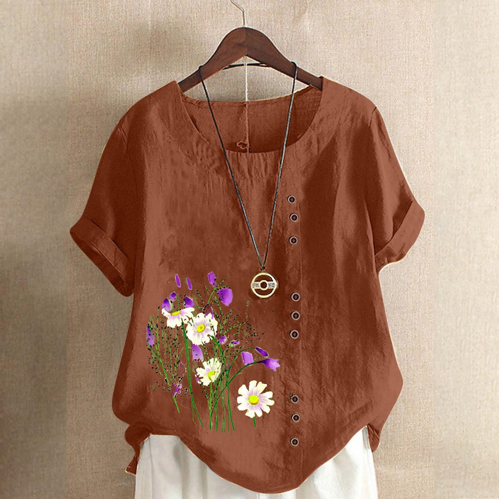 

Женская рубашка с короткими рукавами, однобортная, с принтом, из хлопка и льна, с короткими рукавами, круглым вырезом, разрезом по низу 5XL кофейный