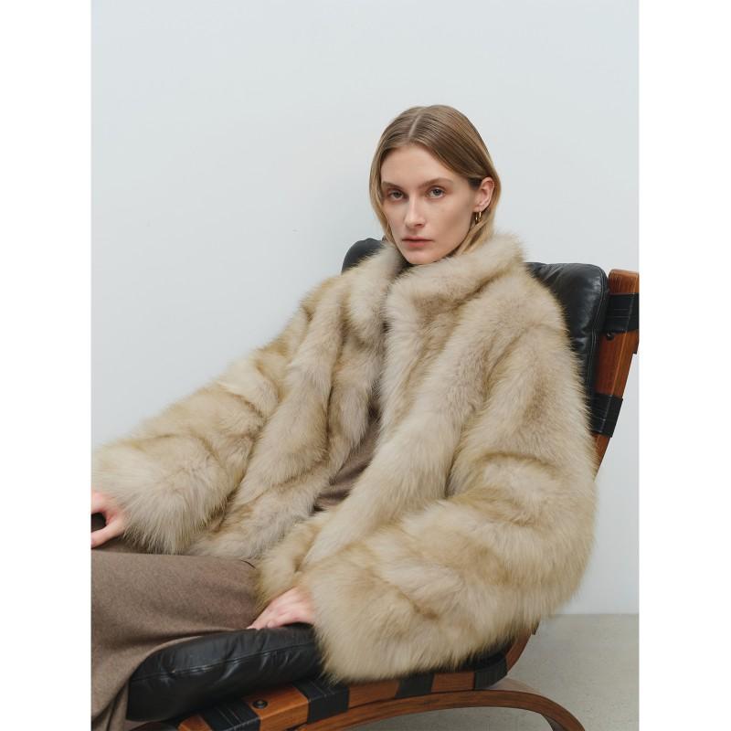 Womens Mid-Length Faux Fur Coat With Stand Collar Winter Warm Outerwear Casual Korean Style