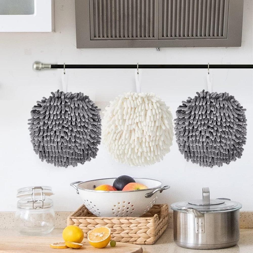 2PC Wipe Hands Towel Ball with 2 Hooks Super Absorbent Health Microfiber Chenille Soft Towels Bathroom Kitchen Supplies