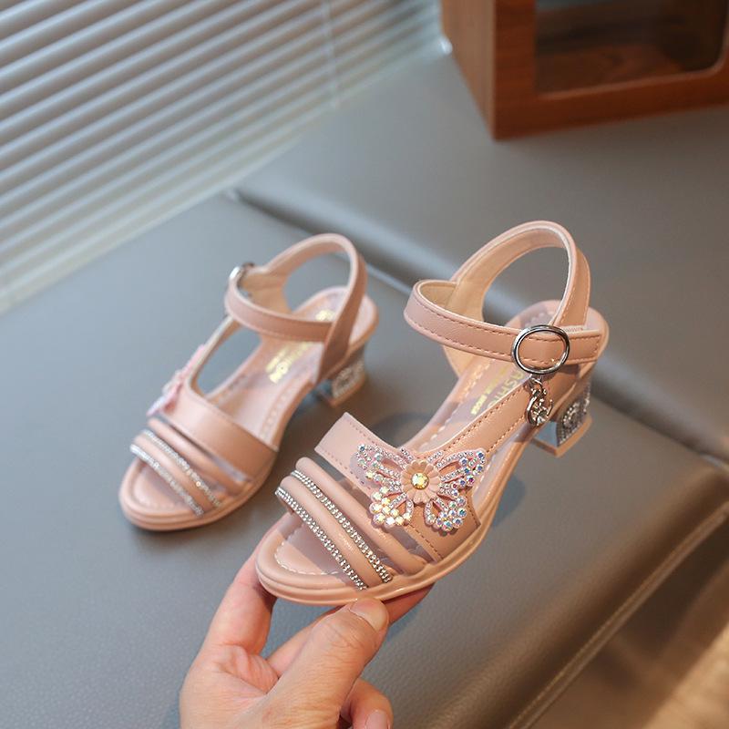 Girls' Summer Sandals with Rhinestone Butterflies, Children's Fashionable High Heels, Versatile Princess Style