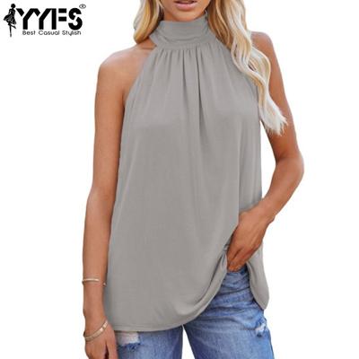 Women's Fashion Casual Summer Spring Solid Color Print Sleeveless Hanging Neck Blouses & Shirts