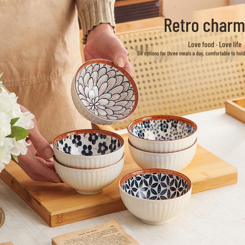 ZISIZ Japanese Retro Ceramic Rice Bowls Set (4.5-inch)