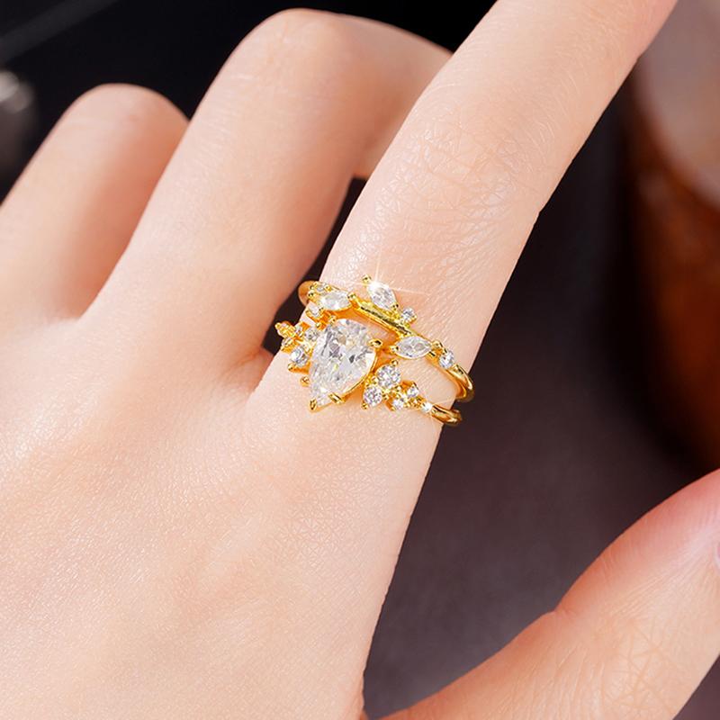 Huitan Trendy Bridal Sets Rings with Waterdrop Cubic Zirconia Romantic Women's Accessories Anniversary Party New Luxury Zircon