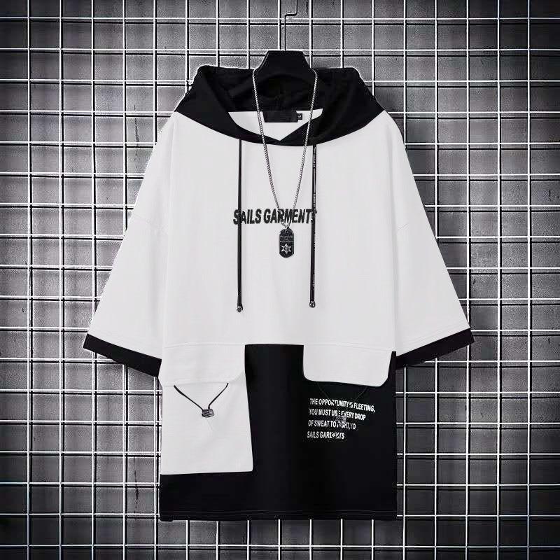 Summer Men's Hooded Japanese Style Summer Patchwork Hooded Tee - Unisex Trendy Short-Sleeve for Men & Women Plus Size