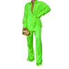 Women's Satin 2-Piece Set, Shirt Collar Long Sleeve Top with Loose Straight Leg Pants, Casual Solid Color Outfit
