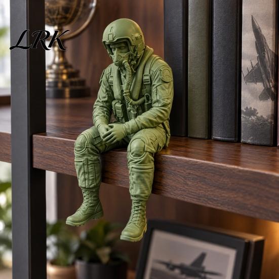 Military Desk Ornaments 3D Printed Pilot Figurine, Realistic Seated Aviator Statue for and Unique Bookshelf Hanging Decor Decor, Style Shelf