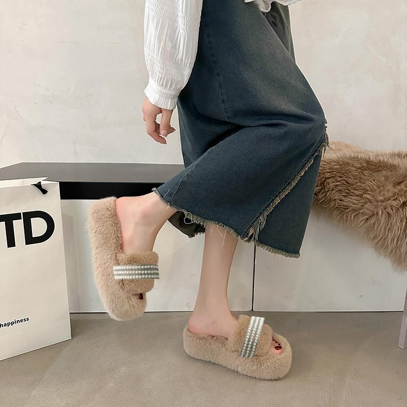 Thick bottom heightening Internet celebrity fluffy slippers women's autumn and winter outer wear ins home home non-slip pearl slippers spring and s