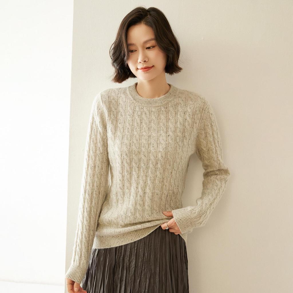Cashmere Women's Round Neck Cable Knit Sweater - 2025 Autumn/Winter Retro Loose Slimming Pullover.
