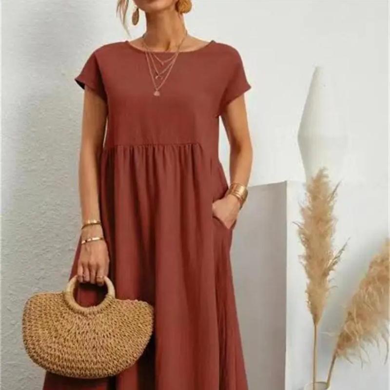 Women's Elegant Solid Color Dress Summer Short Sleeve O-Neck Vintage Harajuku Cotton Linen Comfortable Loose Pocket Long Dress
