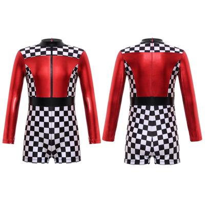 Kids Girls Long Sleeve Checkerboard Printed Jumpsuit Biketard Race Car Driver Cosplay Costume for Halloween Gymnastics Dance