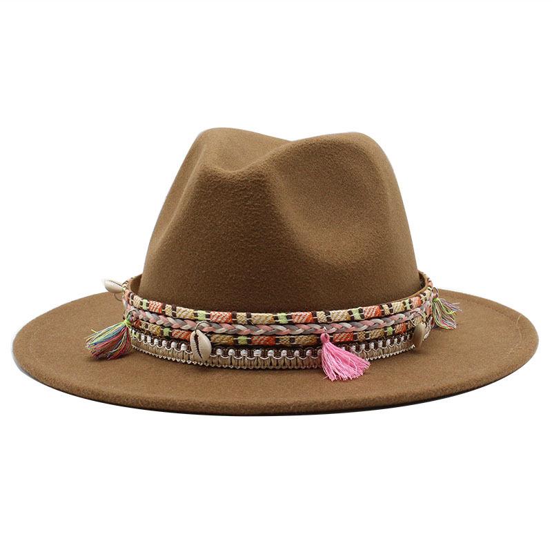 Woolen Top Hat, Fringed Minority Style Jazz Hat, Retro Flat-Brimmed Big Eaves Hat.