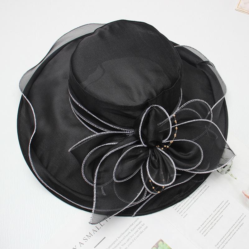Hat Female Summer Vintage British Style Organza Flower Vacation Big Eaves Beach Sunscreen Flat Top Sun Hat