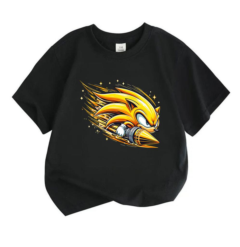 Kids Boys Girls Crew Neck Short Sleeve 100% Cotton T-Shirt, Cool Speedy Golden Hedgehog Print Casual Soft Breathable Summer Tee Tops for Children Dail