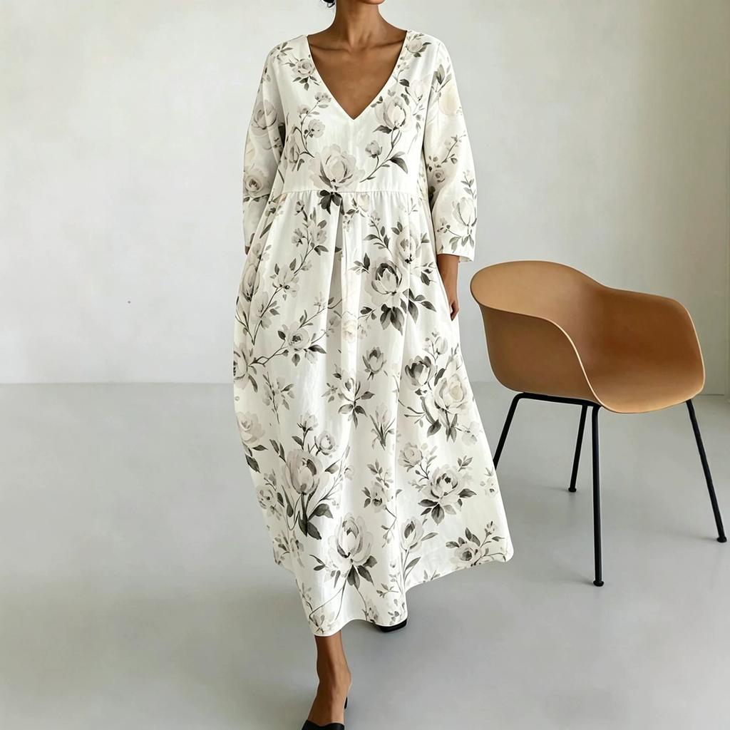 New French v-neck bubble sleeves waist print long dress flowers retro
