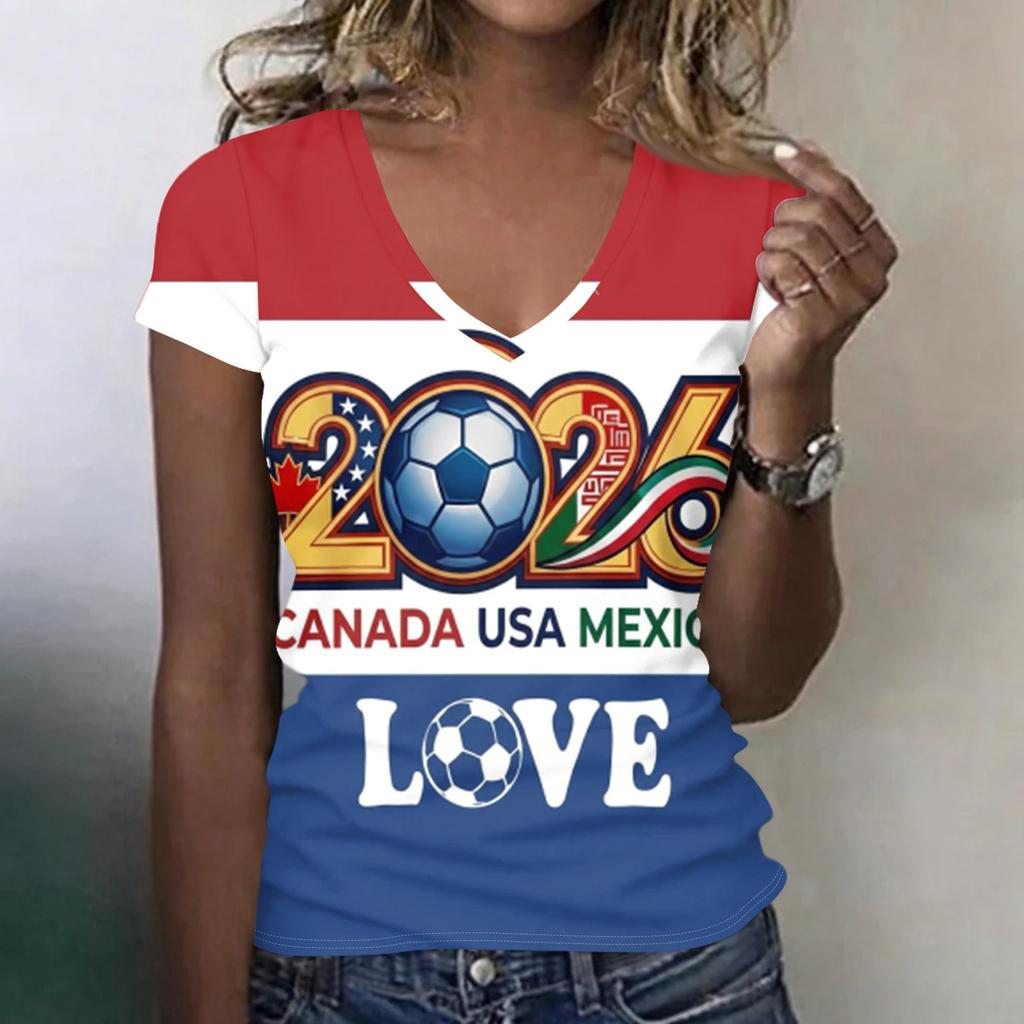 Women's V Neck Lightweight Short Sleeve Top Soccer Inspired Print Casual Summer Shirt for Canada USA Mexico Fans