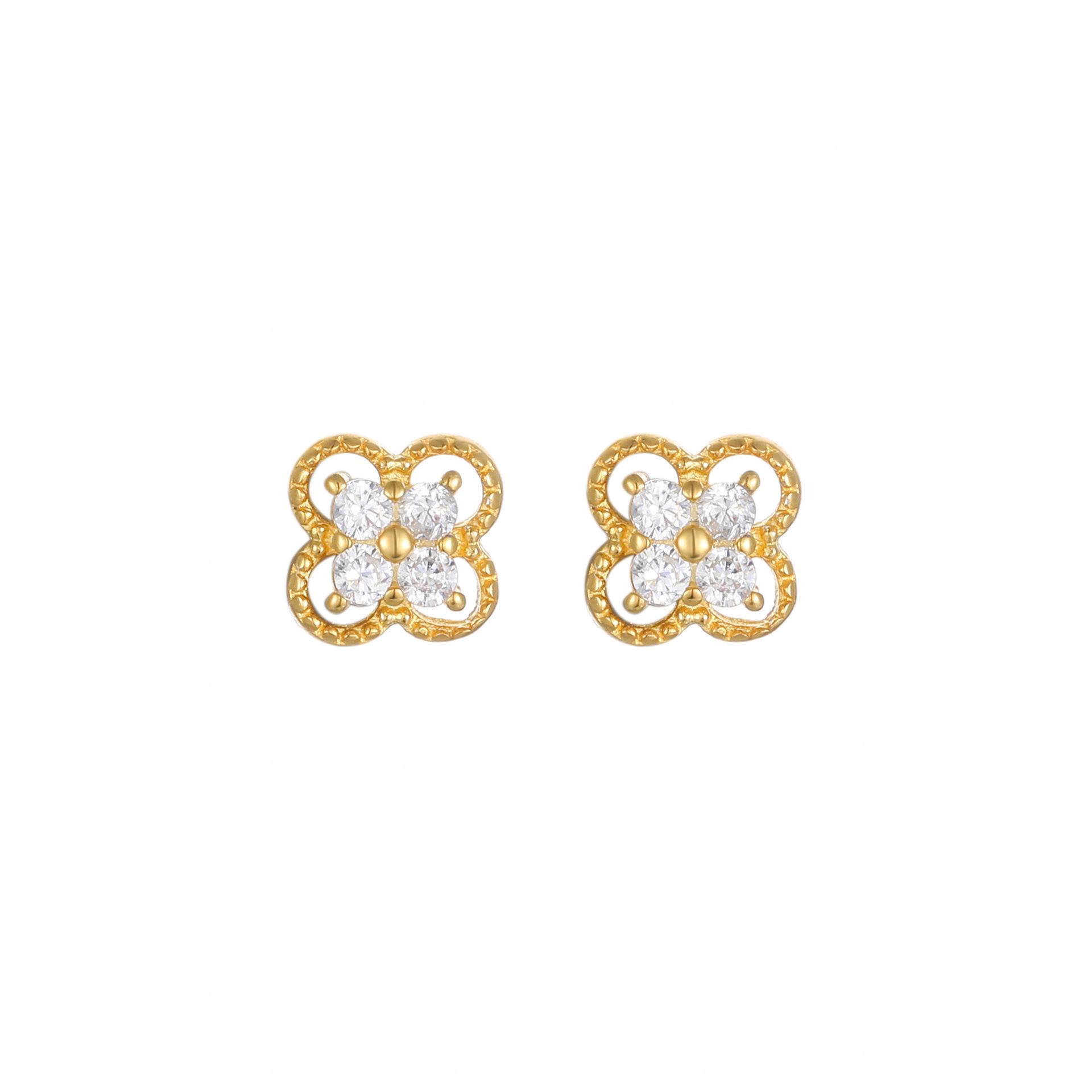 S925 Sterling Silver 18K Gold-Plated Four-Leaf Clover Lace Stud Earrings 925 Silver
