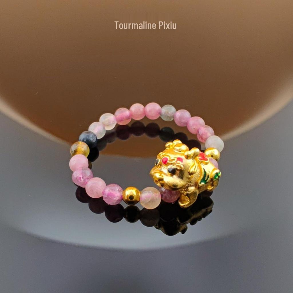 Natural Crystal Tourmaline Cat Paw Lucky Ring with Elastic Beaded Band