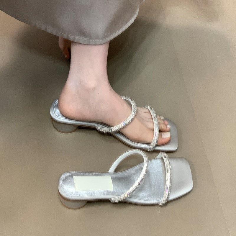 

Silver summer one-word rhinestone thick heel with skirt fashion thin belt low heel square head sandals women 35