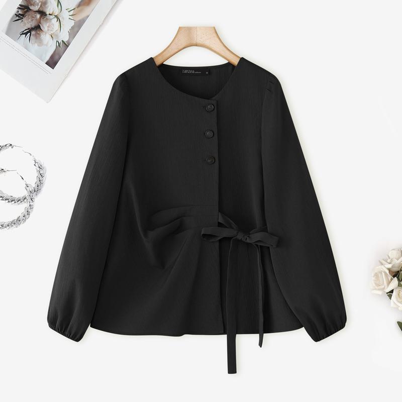 ZANZEA Dámská ležérní jednobarevná halenka s kulatým výstřihem s dlouhým rukávem