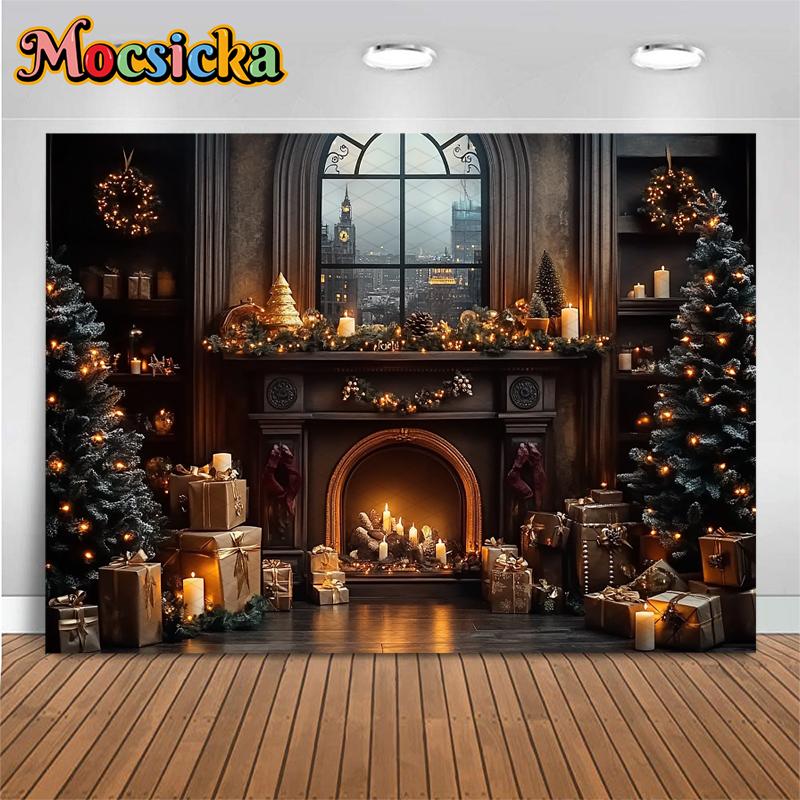 Mocsicka New Year Party Backdrop Christmas Tree Cottage City Window Fireplace Decorations Family Festival Photography Background