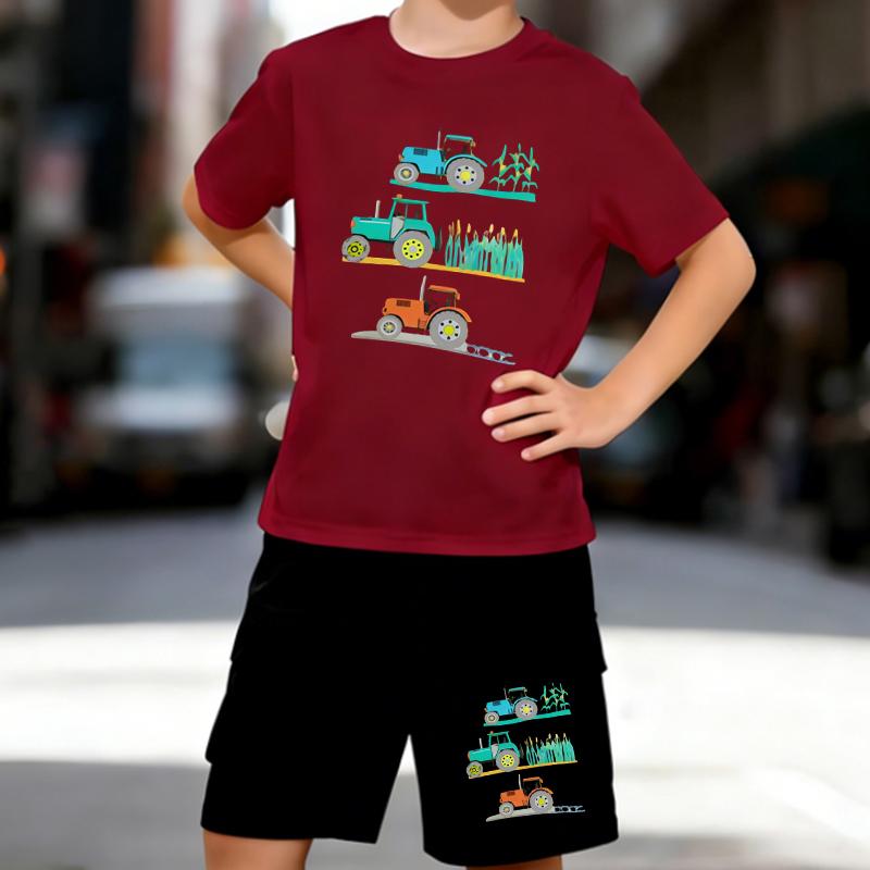 Boys 2 Piece Farming Themed Printed Outfit, Short Sleeve T-Shirt and Shorts Set for Kids Age 5-14,Black,White Sporty Casual Summer Clothes