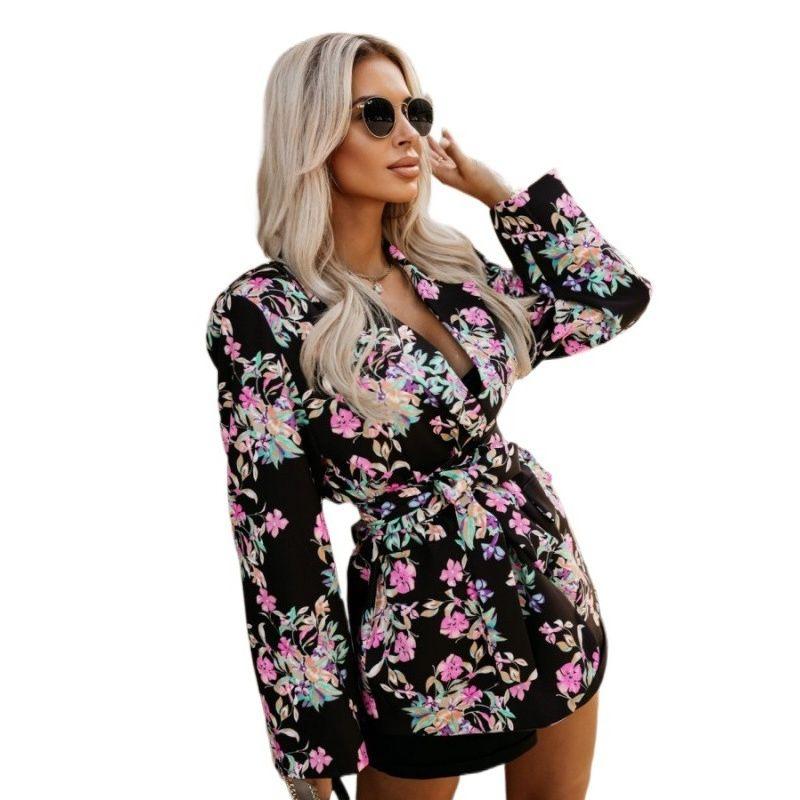 Long-Sleeved Laced Suit Jacket European and American Long sleeve Leopard Print Print Strap Blazers Women