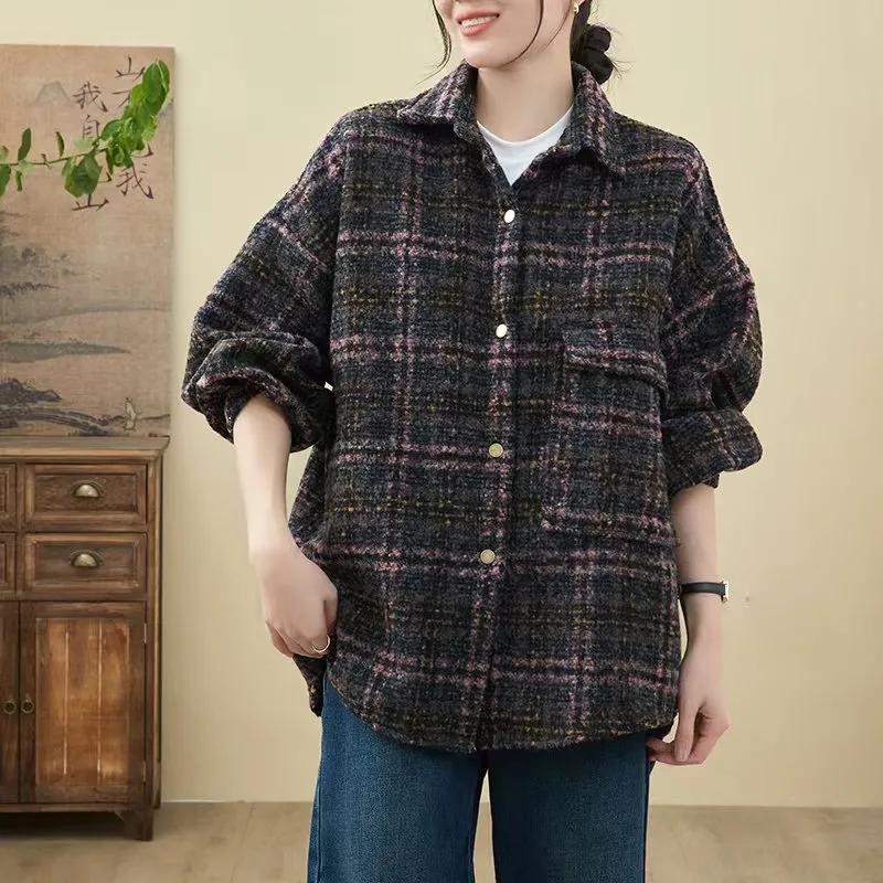 

New Thickened Woolen Coat Retro Brushed Plaid Shirt Loose and Fashionable L рожевий