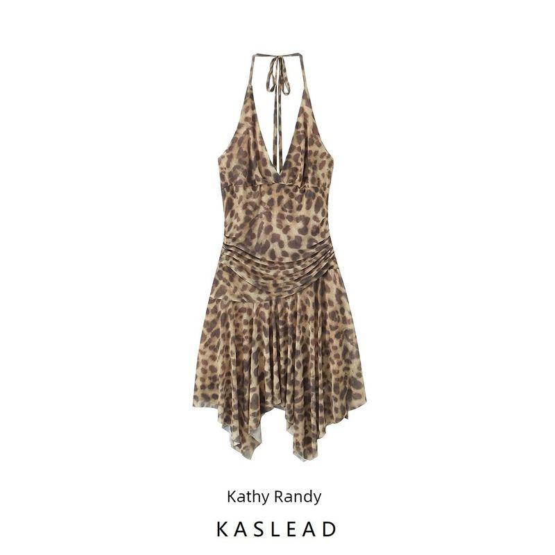 Kaslead New Arrival Women's Clothing Fashion Style Fashion Leopard Print Print V-neck Halter Irregular Dress