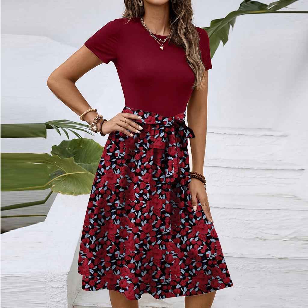 Women's Fashionable Retro Patterned Printing Color Blocked Belt Casual Dress