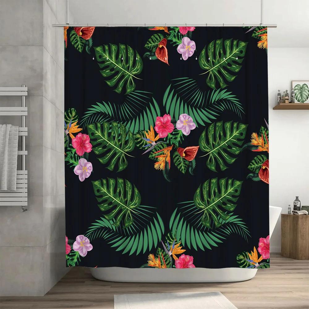 Exotic Floral Green Leaf Shower Curtain for Bathroom Decor Polyester Fabric Printed Black Color Shabby Chic Home Bathing Waterpr