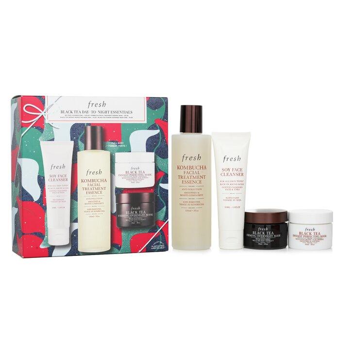 Ensemble de Thé Noir Frais: Nettoyant Visage au Soja+Kombucha F.T. Essence+Masque Perfecteur Instantané+Masque Raffermissant Nuit 4pcs