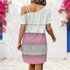 Women Plus Size One Shoulder Strappy Short Sleeve Black White Printed Loose Dress