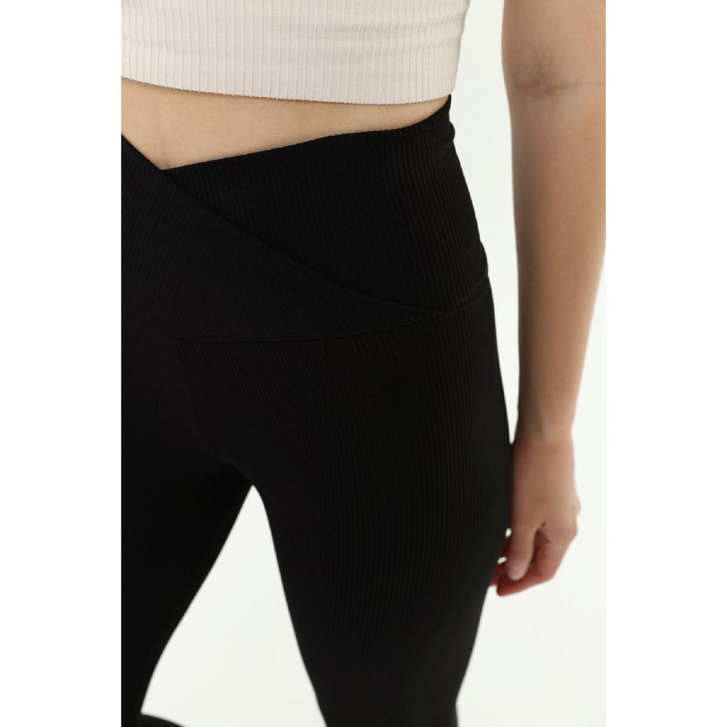 Women's Black Cross Waist Tights With Ribbed Wrap And Fleece Inside