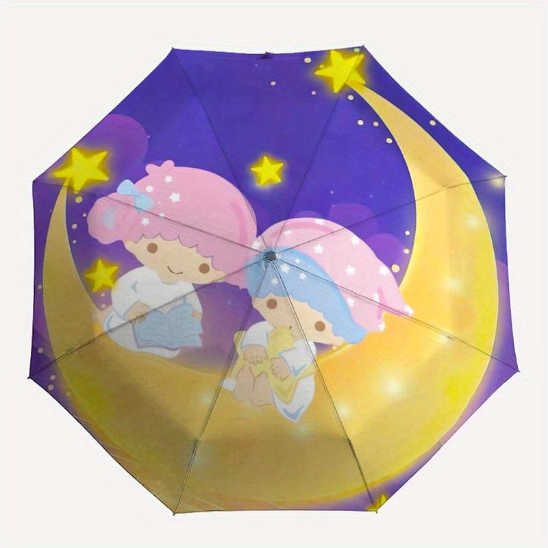 1 Stück Mond Kleine Zwillingssterne Automatischer 3-Fach-Regenschirm Design, Niedliches Cartoon-Muster, Tragbarer Outdoor-Regenschirm, Perfekt, Feiertagsgeschenk für Fans.S052