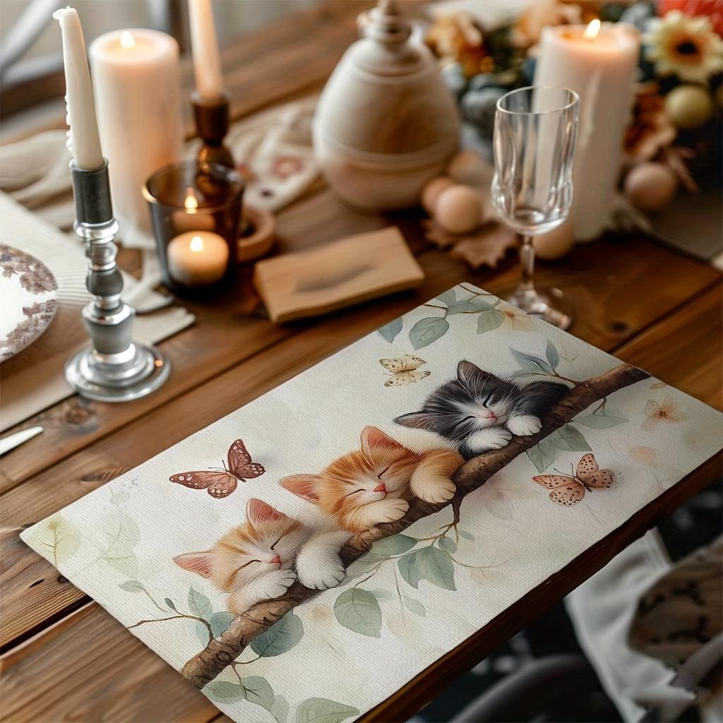 4/6 stuks Placemats voor Eettafel, Aquarel Tak Slapende Kat Tafelmatten, Antislip/Afneembaar Eettafelmat Set voor Feest Keuken Eetkamer